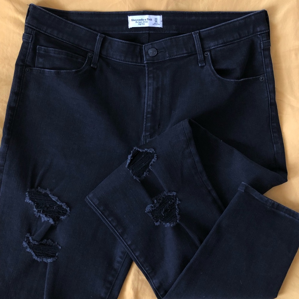 A&F Super Skinny High Rise Jean. Size 16L (Waist 33). Some distressing.